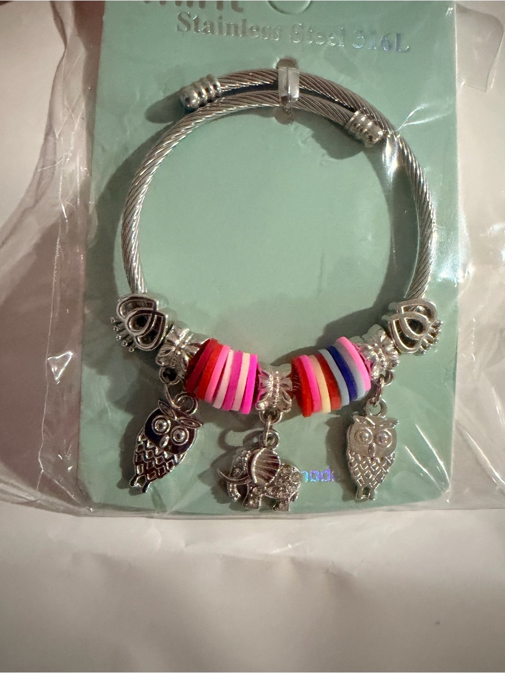 Silver-Tone Owl & Elephant Charm Bracelet with Pink Multicolor Beads